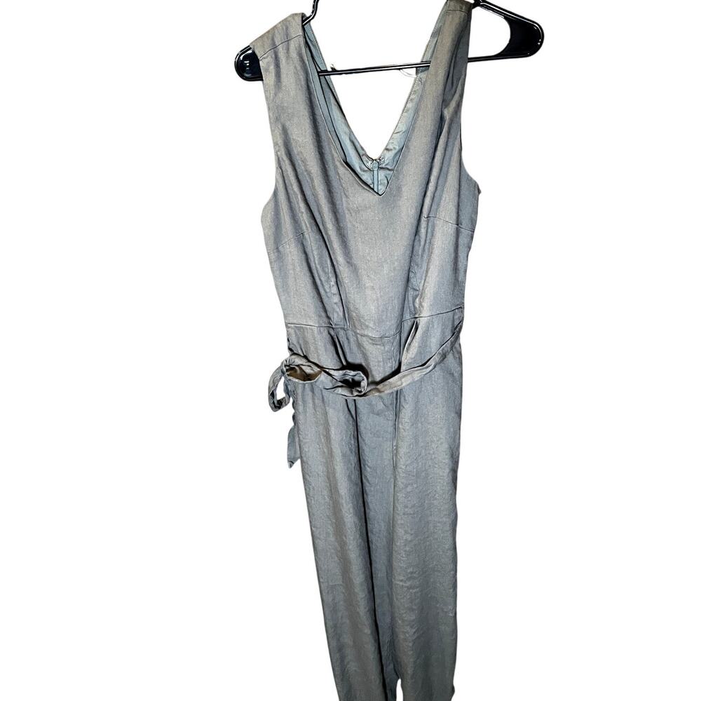 Vince Camuto Sleeveless V-Neck Linen Blend Belted Jumpsuit – Dusty Olive – Sz 14